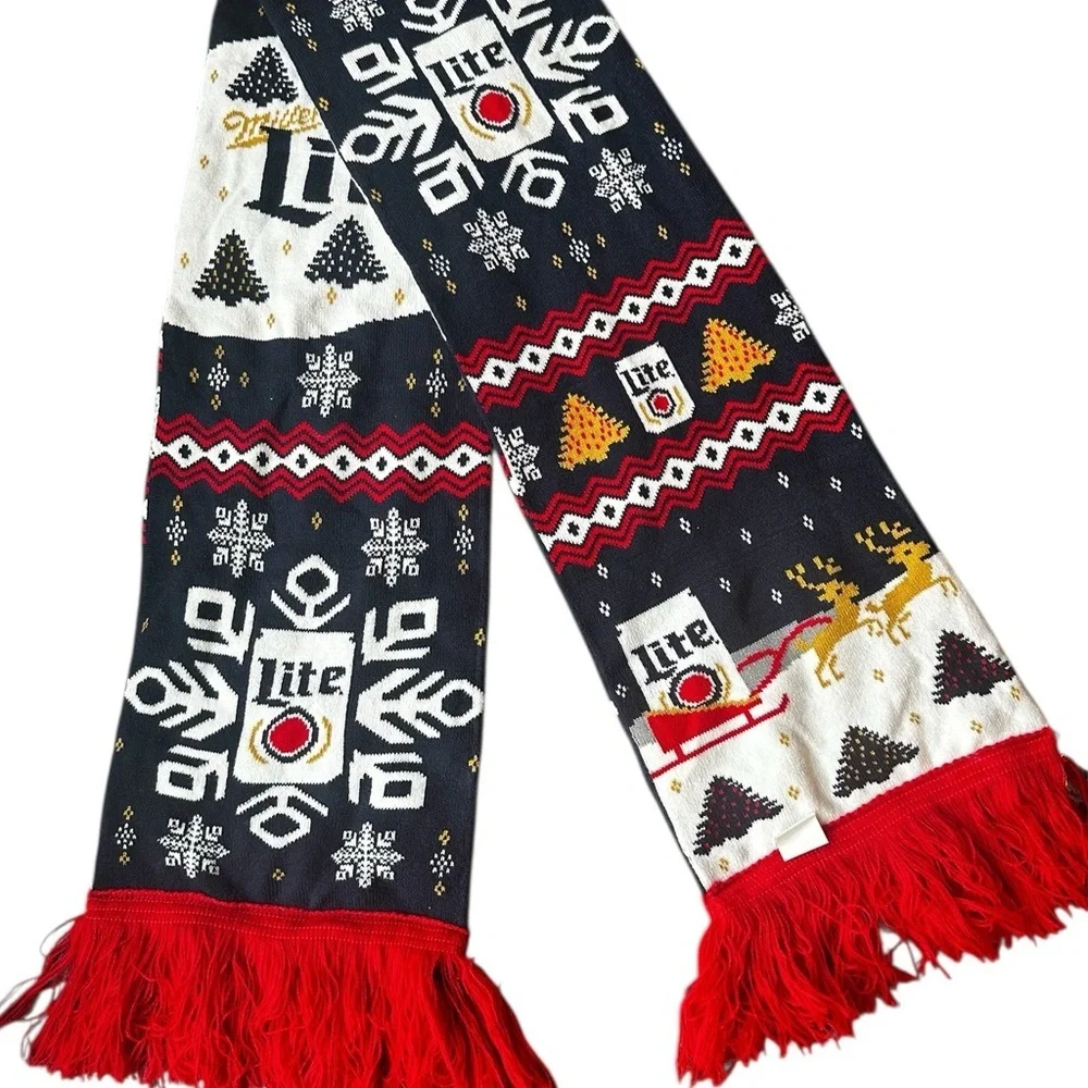 Miller Lite Beer Ugly Christmas Scarf Collectible Reindeer Snowflake